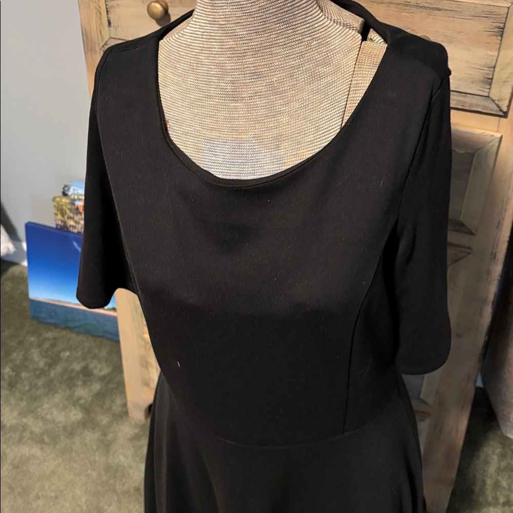 Lands' End Classic Ponte Knit BoatNeck Black Midi flounce  Dress